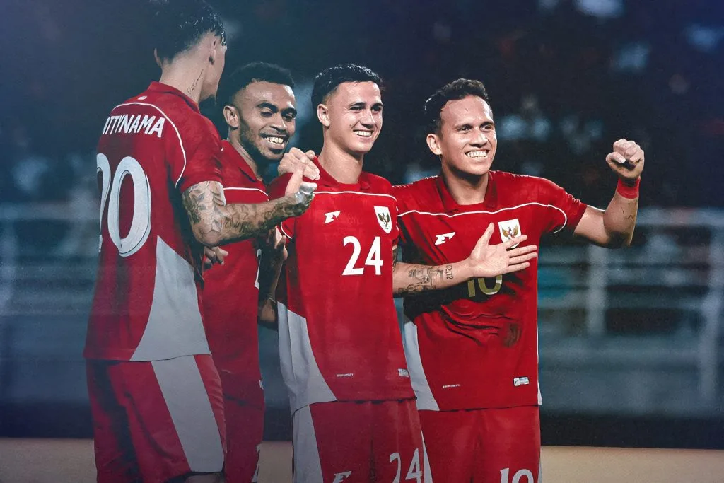 2 Laga Tak Kalah, Timnas Indonesia Naik Peringkat FIFA Foto : selebrasi gol Eliano Reijnders bersama Egy Maulana Vikri, Yakob Sayuri dan Shayne Pattynama (c)X-TimnasIndonesia